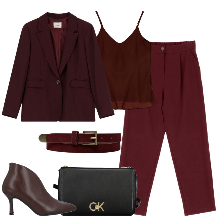 Outfit donna - Bordeaux. Stile Trendy per Tutti i giorni. Abbinamento con stivaletti, pantaloni, blazer, canottiere, cinture, borse a tracolla.