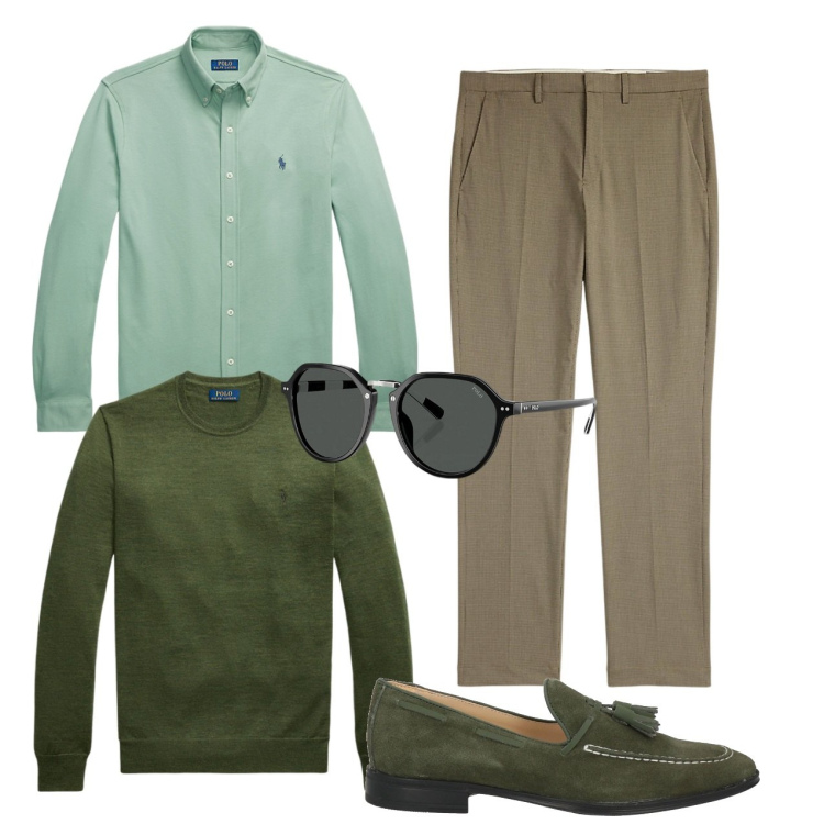 Outfit uomo - Verde autunnale. Stile Casual per Tutti i giorni. Abbinamento con scarpe stringate, occhiali da sole, camicie, pantaloni, maglieria.