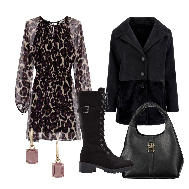 Outfit donna - Il vestito maculato. Stile Trendy per Serata fuori. Abbinamento con stivali, cappotti, vestiti corti, orecchini, borse a tracolla.