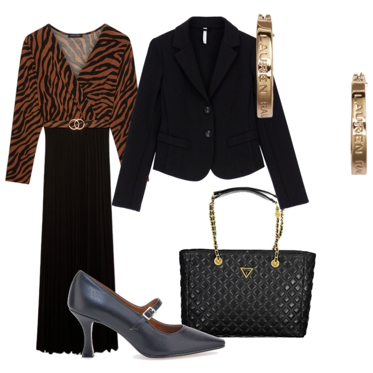 Outfit donna - Abito lungo animalier, plissé. Stile Glamour per Serata fuori. Abbinamento con blazer, orecchini, décolleté, vestiti lunghi, borse a spalla.