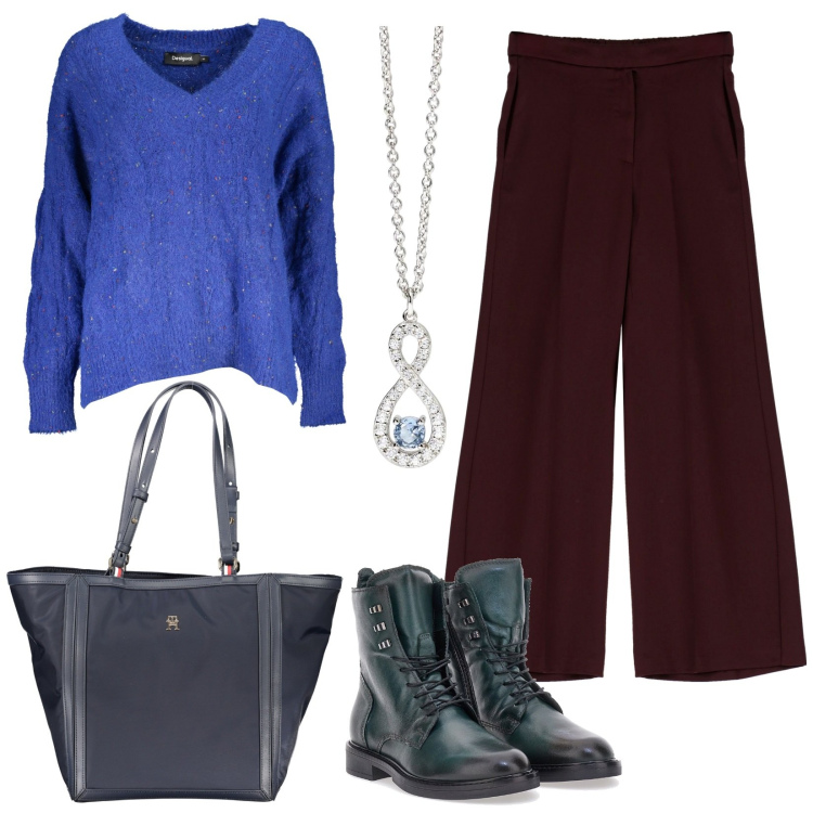 Outfit donna - Sii te stessa. Stile Basic per Tutti i giorni. Abbinamento con ciondoli, pantaloni, anfibi, maglieria, borse a spalla.