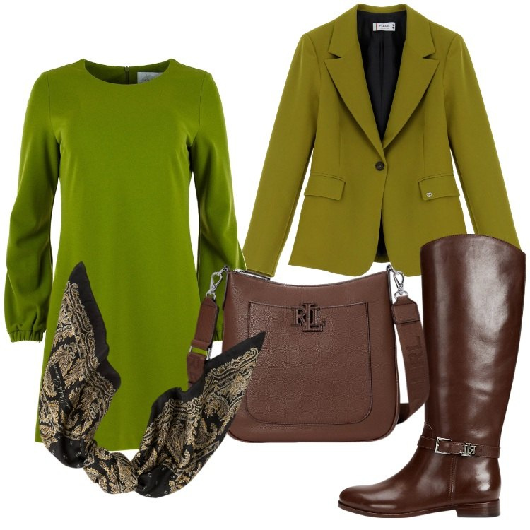 Outfit donna - Verde con verde. Stile Casual chic per Ufficio. Abbinamento con blazer, borse a tracolla, stivali, foulard, vestiti midi/longuette.