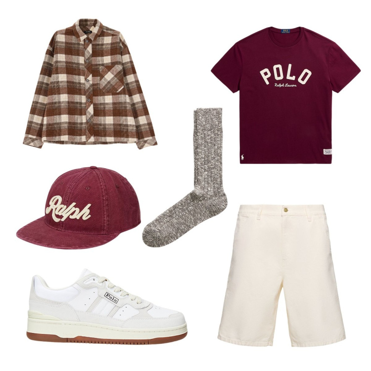 Outfit uomo - Total look #1976851. Stile Casual per Tutti i giorni. Abbinamento con camicie, calzini, sneakers, t-shirt, cappelli, shorts.