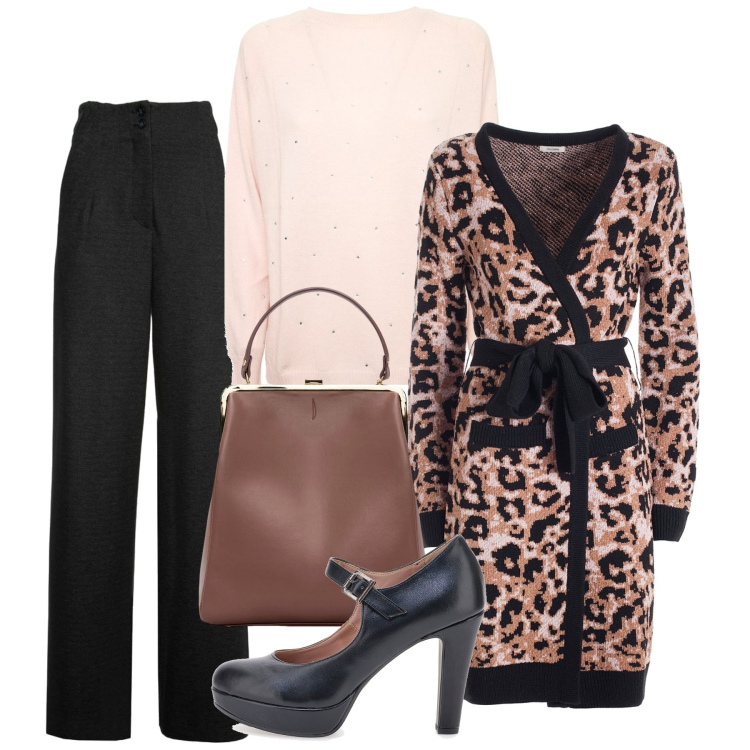 Outfit donna - Tocco animalier. Stile Chic per Tutti i giorni. Abbinamento con cardigans, décolleté, borse a spalla, maglieria, jeans a zampa.