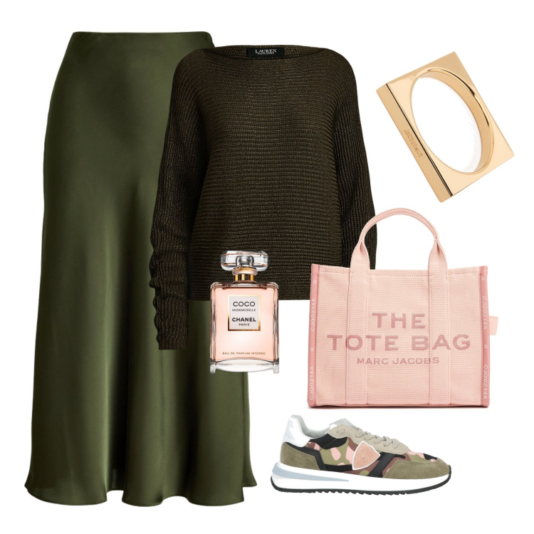 Outfit donna - Tote bag e maxi bracciale. Stile Glamour per Tutti i giorni. Abbinamento con sneakers, profumi, gonne, maglieria, borse tote, braccialetti.