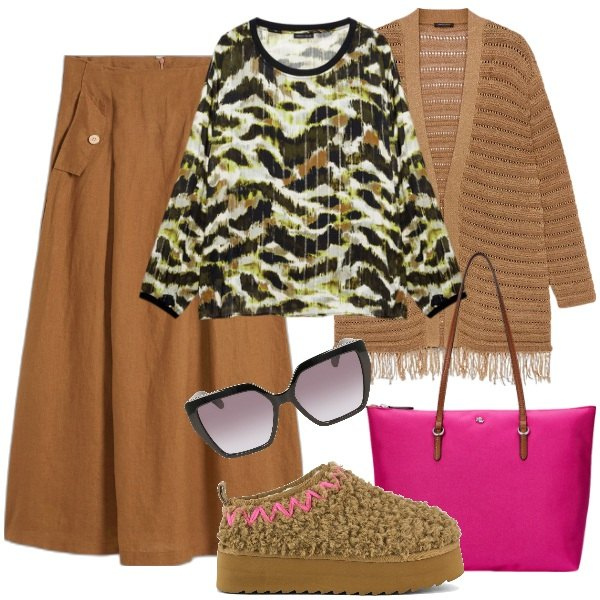 Outfit donna - Taglia 50. Stile Chic per Tutti i giorni. Abbinamento con gonne, borse tote, stivaletti, cardigans, bluse, occhiali da sole.