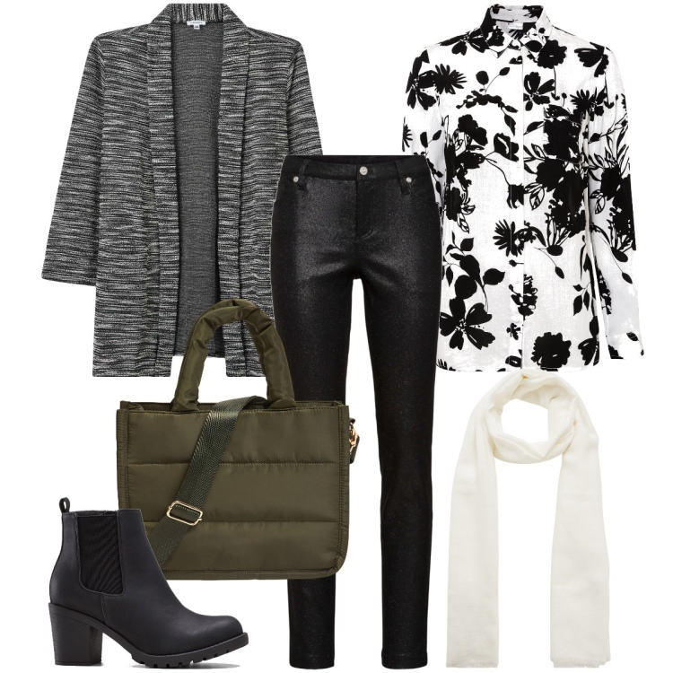 Outfit donna - La camicia a fiori. Stile Casual chic per Serata fuori. Abbinamento con stivaletti, pantaloni, camicie, blazer, sciarpe, shopping bag.