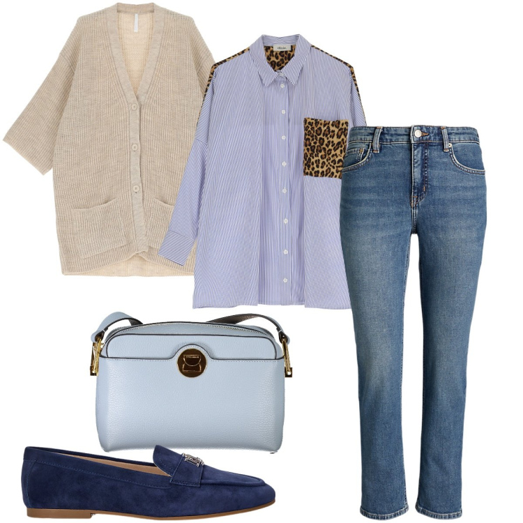 Outfit donna - Il cardigan a coste. Stile Casual chic per Tutti i giorni. Abbinamento con cardigans, camicie, mocassini, jeans dritti, borse a tracolla.