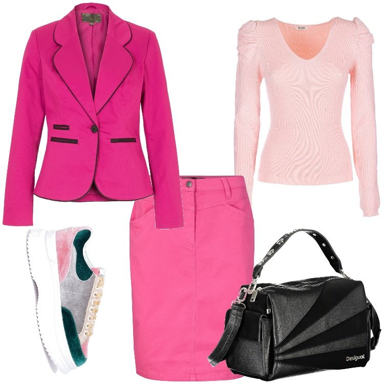Outfit donna - Rosa da ufficio. Stile Basic per Ufficio. Abbinamento con gonne, blazer, sneakers, maglieria, borse a spalla.