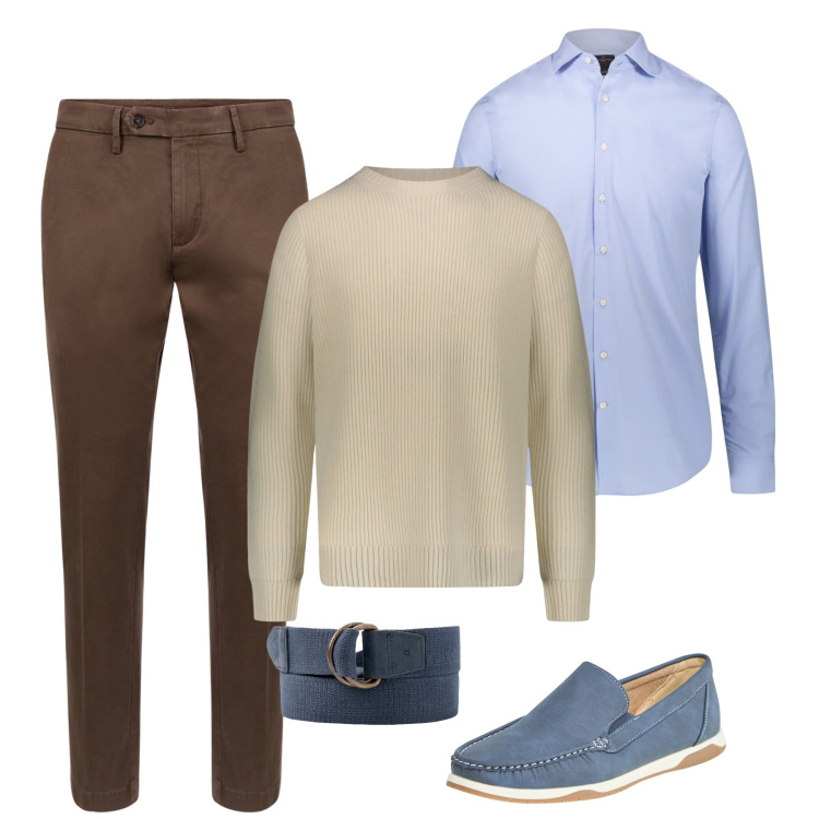 Outfit uomo - Blu e marrone. Stile Business/Elegante per Ufficio. Abbinamento con scarpe stringate, maglieria, camicie, pantaloni chino, cinture.