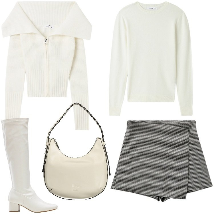 Outfit donna - Serata giovane. Stile Casual chic per Serata fuori. Abbinamento con stivali, cardigans, minigonne, maglieria, borse a spalla.