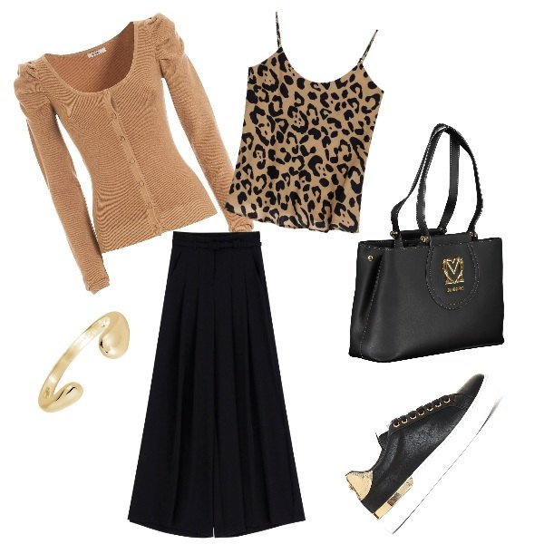 Outfit donna - animalier glamour. Stile Urban Abbinamento con anelli, cardigans, sneakers, top, pantaloni, borse a spalla.