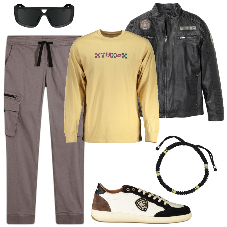 Outfit uomo - Giacca in pelle. Stile Casual per Tutti i giorni. Abbinamento con pantaloni cargo, giacche, braccialetti, t-shirt, sneakers, occhiali da sole.