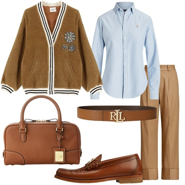 Outfit donna - Sii te stessa. Stile Preppy per Scuola/Università. Abbinamento con cinture, camicie, mocassini, borse a mano, pantaloni, blazer.