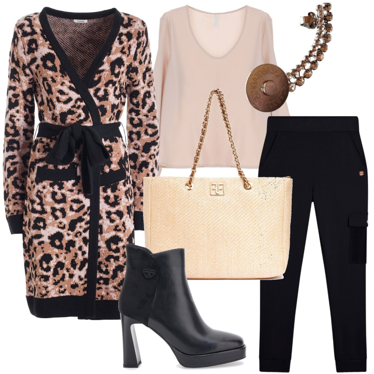 Outfit donna - Il cardigan con stampa animalier. Stile Chic per Ufficio. Abbinamento con cardigans, borse a spalla, camicie, pantaloni cargo, stivaletti, orecchini.