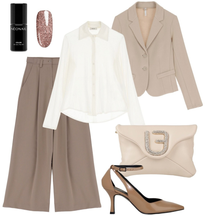 Outfit donna - Bantoa mid season sale. Stile Casual chic per Ufficio. Abbinamento con borse a mano, smalti, pantaloni a palazzo, blazer, décolleté, camicie.