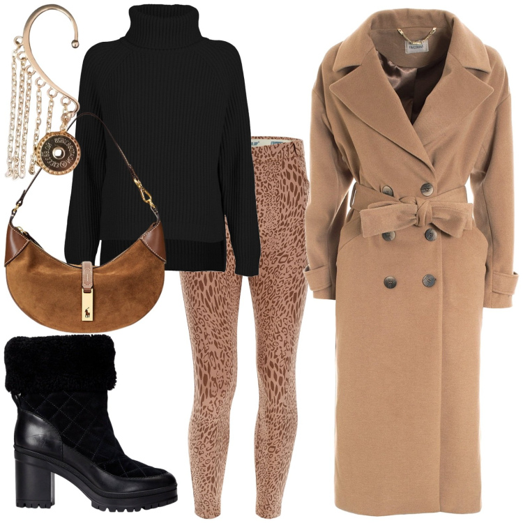 Outfit donna - Skinny animalier grintosi. Stile Glamour per Serata fuori. Abbinamento con cappotti, pantaloni skinny, borse a spalla, stivaletti, maglieria, orecchini.