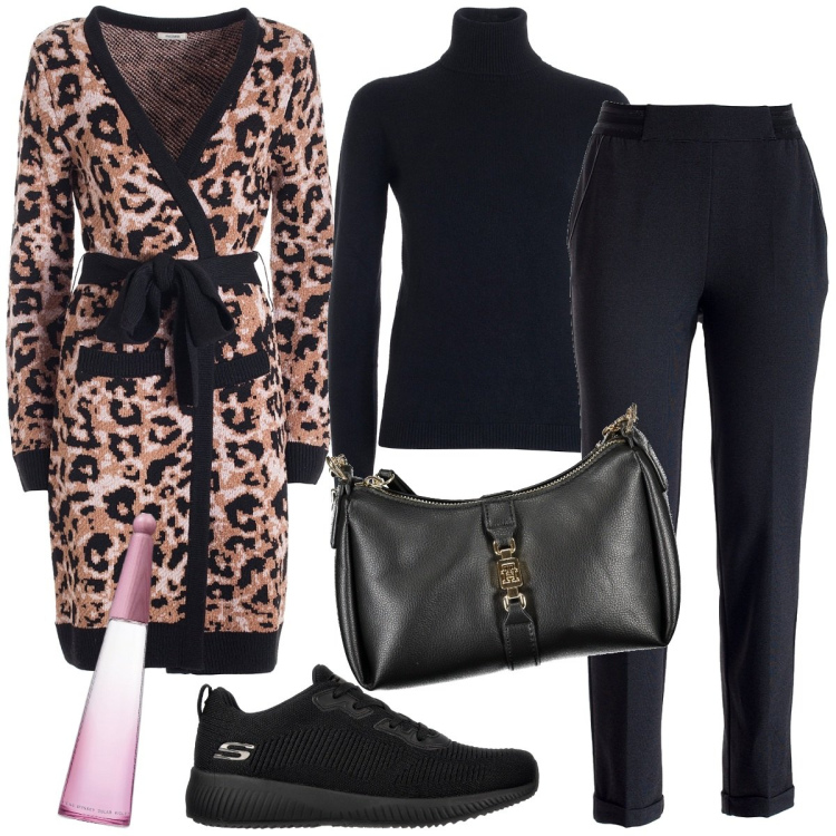 Outfit donna - Il cardigan animalier. Stile Casual chic per Tutti i giorni. Abbinamento con profumi, cardigans, pantaloni chino, maglieria, sneakers, borse a tracolla.