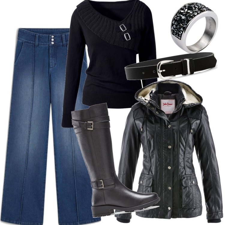 Outfit donna - Bonprix - Autumn favourites. Stile Casual chic per Tutti i giorni. Abbinamento con maglieria, blazer, stivali, cinture, jeans, anelli.
