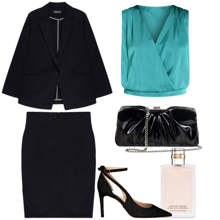 Outfit donna - Completi in coordinato - Donna cur. Stile Chic per Cerimonia. Abbinamento con profumi, top, pochette, décolleté, gonne, blazer.