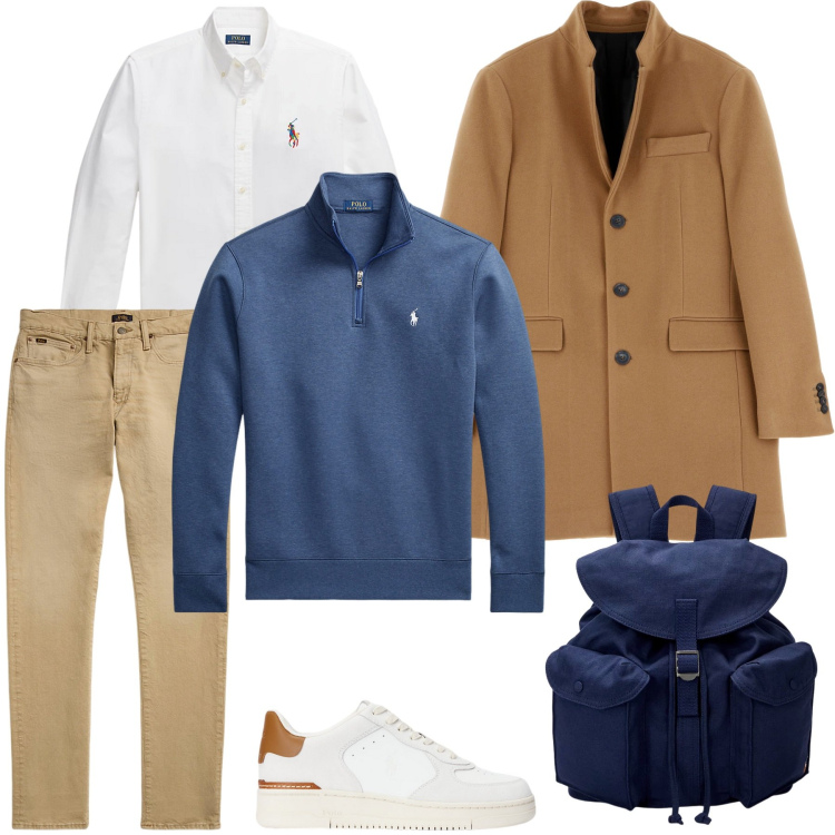 Outfit uomo - Un tipo sportivo. Stile Casual per Ufficio. Abbinamento con cappotti, pullovers, jeans, sneakers, borse sportive, camicie.