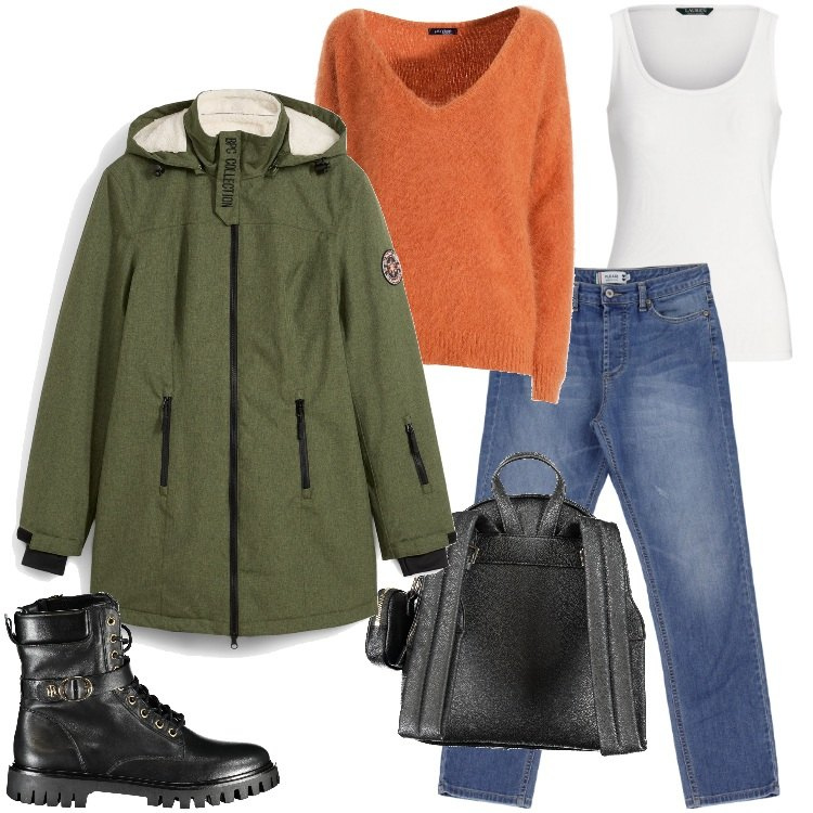 Outfit donna - Total look #1977025. Stile Urban per Tutti i giorni. Abbinamento con blazer, maglieria, jeans dritti, canottiere, zaini, stivali.