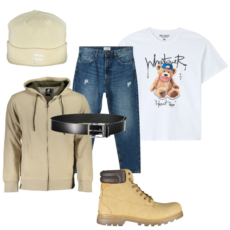 Outfit uomo - Total look #1977028. Stile Casual per Tutti i giorni. Abbinamento con t-shirt, jeans strappati, cinture, felpe con cappuccio, stivali, berretti.