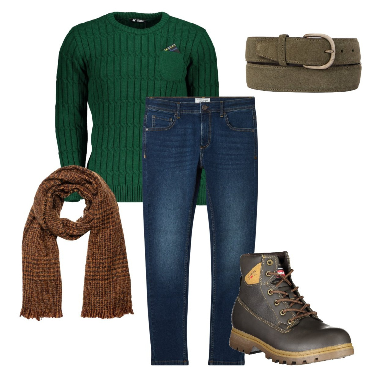 Outfit uomo - Il maglione a trecce. Stile Urban per Ufficio. Abbinamento con jeans skinny, sciarpe, cinture, maglieria, stivali.