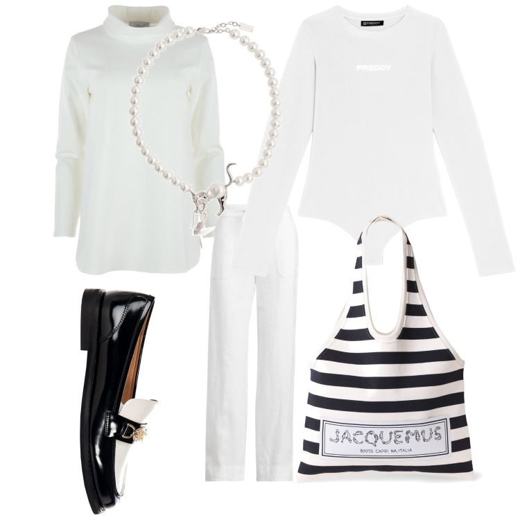 Outfit donna - Questione di bianco. Stile Chic per Ufficio. Abbinamento con mocassini, body, pantaloni, t-shirt, borse tote, collane.