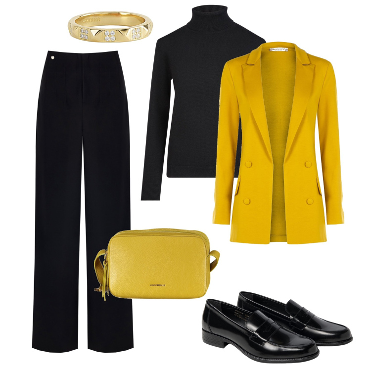 Outfit donna - Ufficio classico con un tocco di giallo. Stile Glamour per Ufficio. Abbinamento con anelli, blazer, pantaloni, maglieria, mocassini, borse a tracolla.