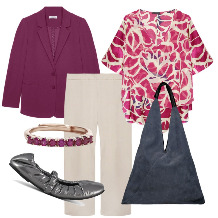 Outfit donna - Rosa e viola. Stile Chic per Ufficio. Abbinamento con anelli, ballerine, blazer, pantaloni, bluse, borse a spalla.