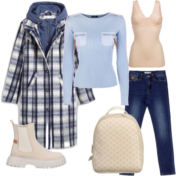 Outfit donna - Al riparo dalla pioggia. Stile Urban per Tutti i giorni. Abbinamento con top, cappotti, stivaletti, maglieria, jeans skinny, zaini.