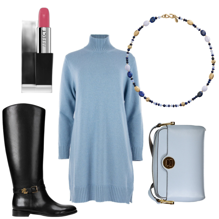Outfit donna - Il vestito. Stile Casual chic per Ufficio. Abbinamento con rossetti, collane, stivali, vestiti, borse a tracolla.