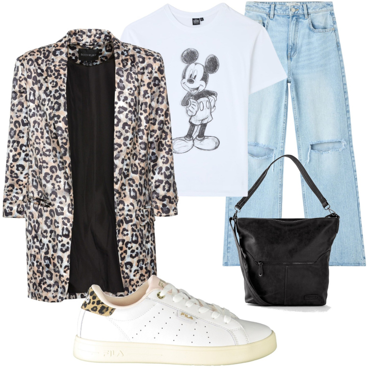 Outfit donna - T-shirt Mickey Mouse. Stile Casual per Tutti i giorni. Abbinamento con blazer, borse a tracolla, jeans strappati, t-shirt, sneakers.