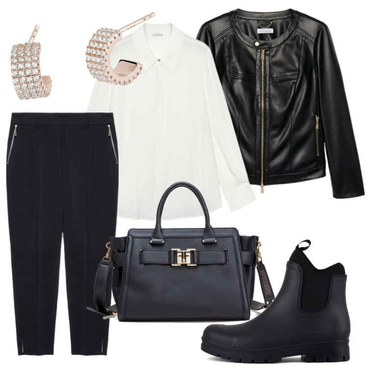 Outfit donna - Bianco e nero infallibile. Stile Minimal per Ufficio. Abbinamento con orecchini, borse tote, stivali, pantaloni, blazer, camicie.