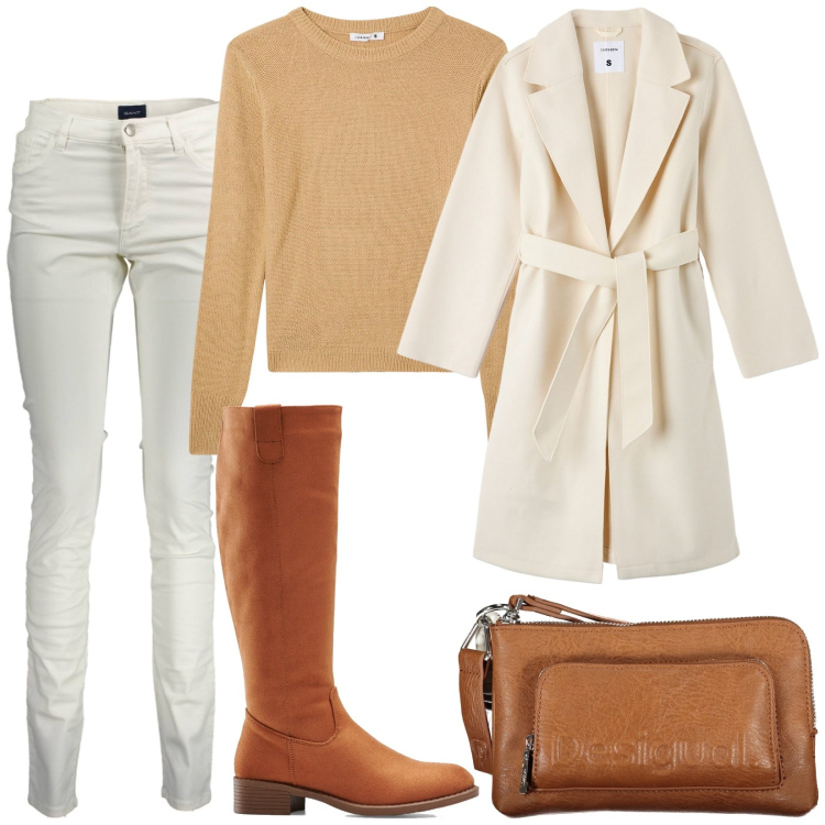 Outfit donna - Caramello. Stile Minimal per Tutti i giorni. Abbinamento con stivali, cappotti, maglieria, pantaloni, borse a tracolla.