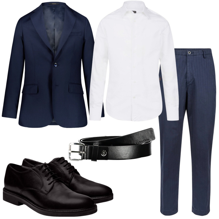 Outfit uomo - Elegante in blu. Stile Business/Elegante per Cerimonia. Abbinamento con scarpe stringate, camicie, giacche, pantaloni, cinture.