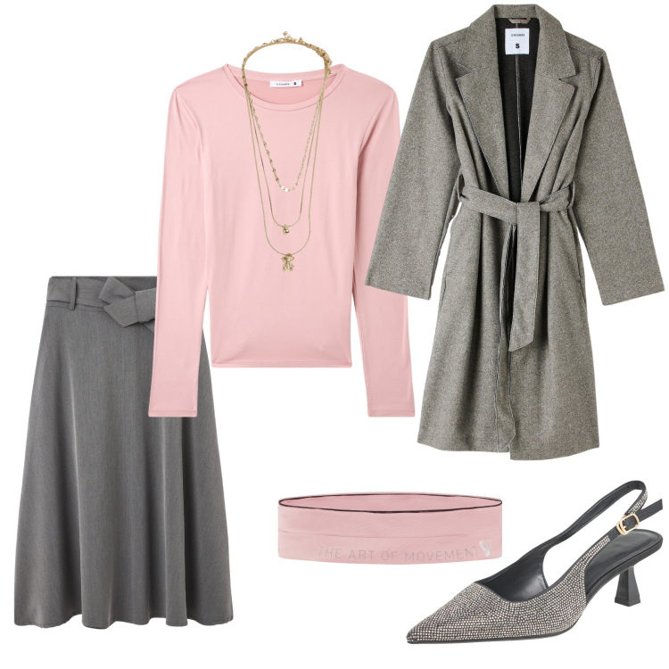 Outfit donna - Estate soft Office. Stile Casual chic per Ufficio. Abbinamento con t-shirt, cappotti, gonne lunghe, décolleté, ciondoli, marsupi.