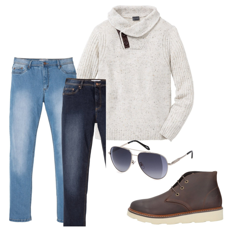 Outfit uomo - Maglieria uomo!. Stile Casual per Tutti i giorni. Abbinamento con maglieria, jeans dritti, stivali e stivaletti, occhiali da sole.