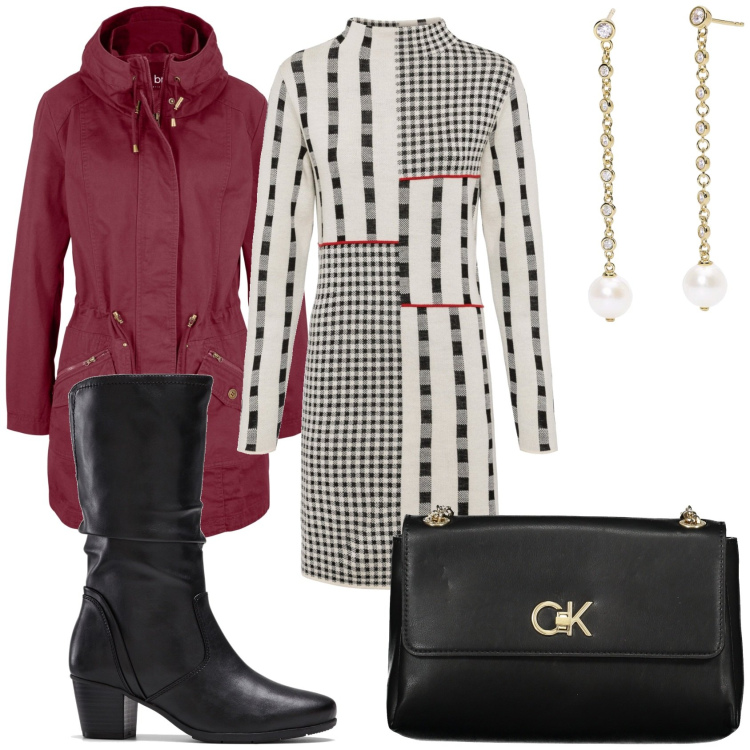 Outfit donna - Abito in maglia oversize. Stile Casual chic per Tutti i giorni. Abbinamento con stivali, parka, vestiti, orecchini, borse a spalla.