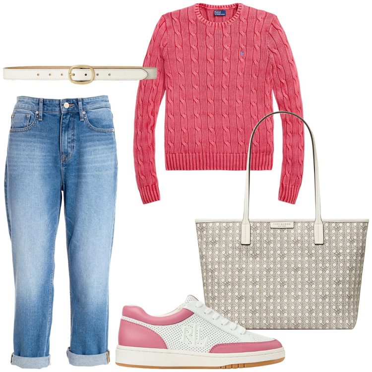 Outfit donna - Total look #1977117. Stile Casual per Tutti i giorni. Abbinamento con jeans boyfriend, cinture, maglieria, sneakers, shopping bag.