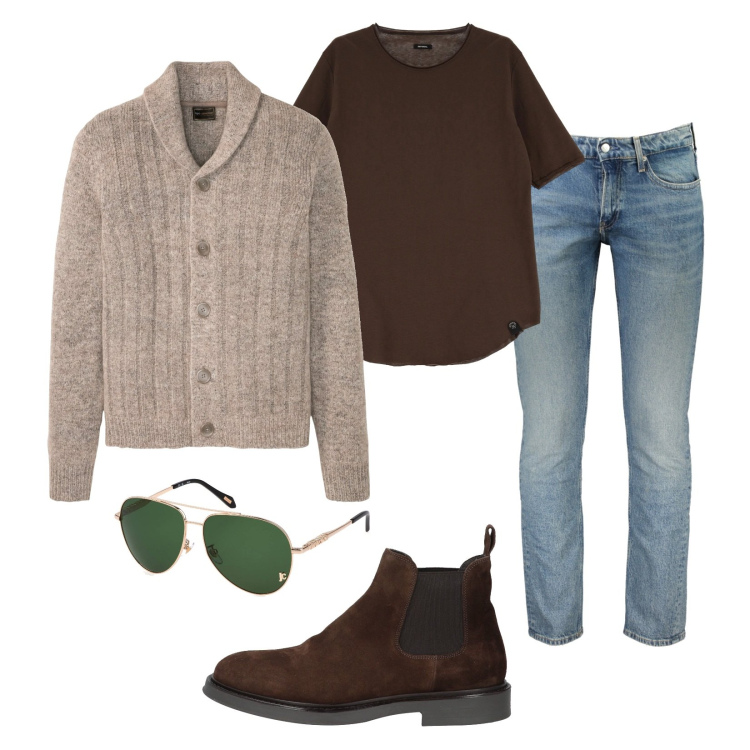 Outfit uomo - Maglieria Chunky!. Stile Casual per Ufficio. Abbinamento con cardigans, stivali e stivaletti, t-shirt, jeans slim fit, occhiali da sole.