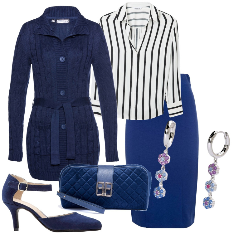 Outfit donna - Total look #1977127. Stile Casual chic per Tutti i giorni. Abbinamento con décolleté, cardigans, camicie, orecchini, pochette, gonne.