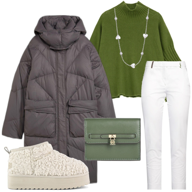Outfit donna - Piumino plumbeo. Stile Urban per Scuola/Università. Abbinamento con piumini, pantaloni, portamonete, collane, maglieria, stivaletti.