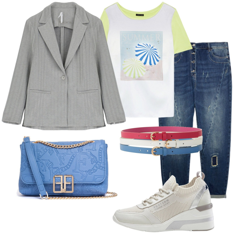 Outfit donna - Un po\' di colore. Stile Casual per Tutti i giorni. Abbinamento con sneakers, cinture, borse a tracolla, blazer, jeans strappati, t-shirt.