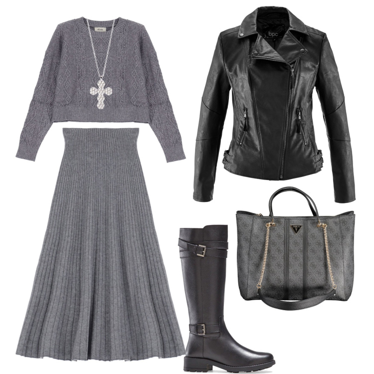 Outfit donna - Maglia lavorata e pelle in ufficio. Stile Casual chic per Ufficio. Abbinamento con stivali, blazer, ciondoli, gonne longuette, pullovers, borse a spalla.