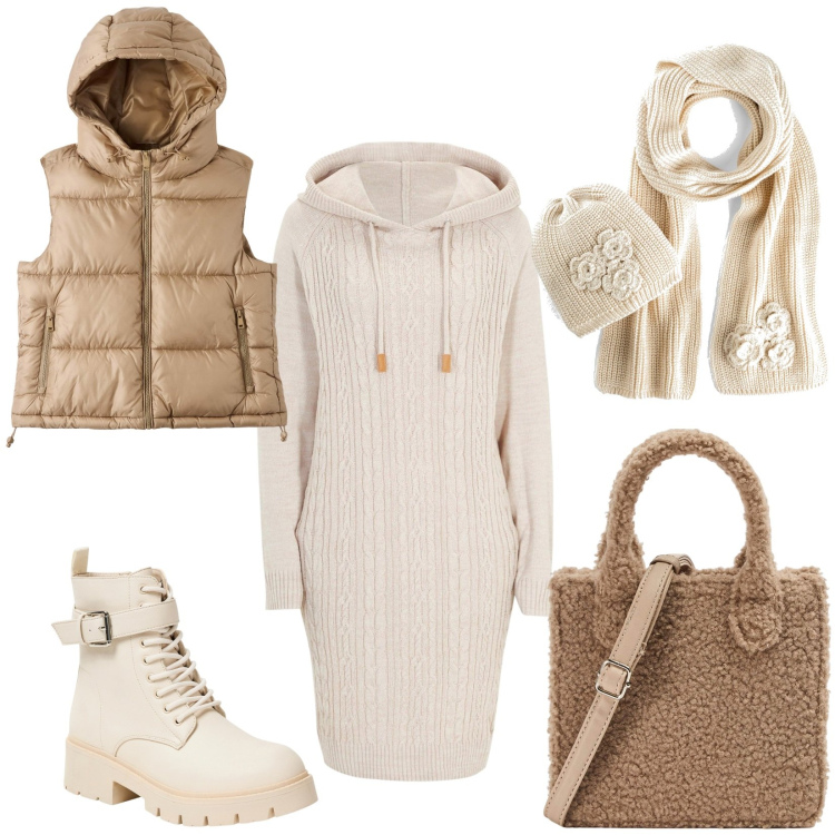 Outfit donna - L\'abito con cappuccio. Stile Casual per Tutti i giorni. Abbinamento con vestiti, sciarpe, anfibi, piumini, shopping bag.