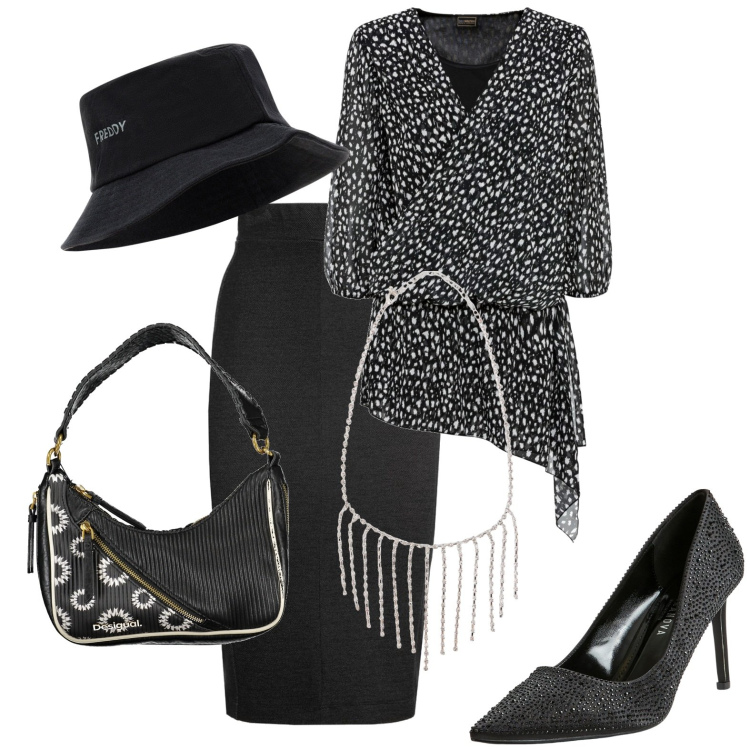 Outfit donna - Total look #1977163. Stile Chic per Serata fuori. Abbinamento con bluse, décolleté, collane, cappelli, gonne lunghe, borse a spalla.
