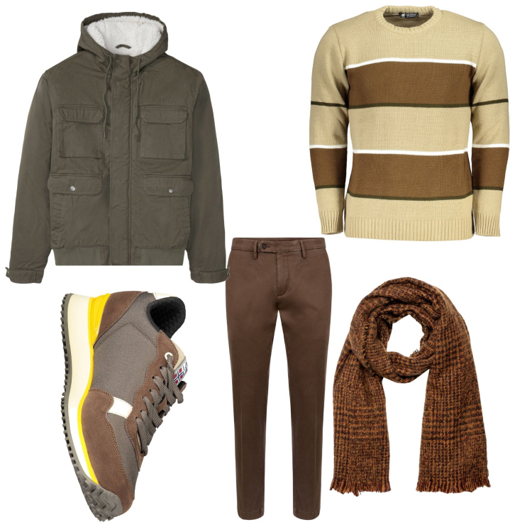 Outfit uomo - Serata cinema. Stile Casual per Serata speciale. Abbinamento con piumini, pantaloni chino, sciarpe, maglieria, sneakers.