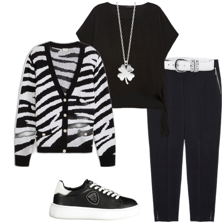 Outfit donna - In ufficio. Stile Casual chic per Ufficio. Abbinamento con cinture, cardigans, collane, bluse, pantaloni, sneakers.